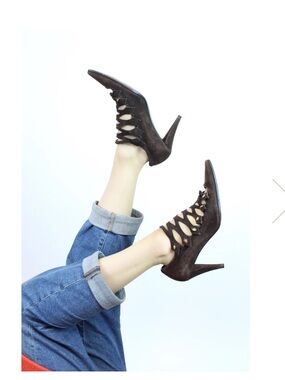 Etro Cage 1980s Leather Suede Olive Green Lace-Up Cage Stiletto Heels sz 9 1/2